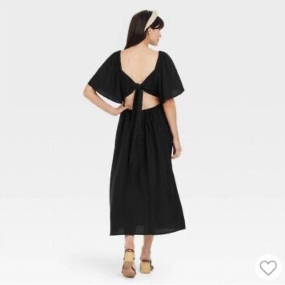 Elegant Black Women's Square Neck Midi Dress -Open Back w/ Bow XXL